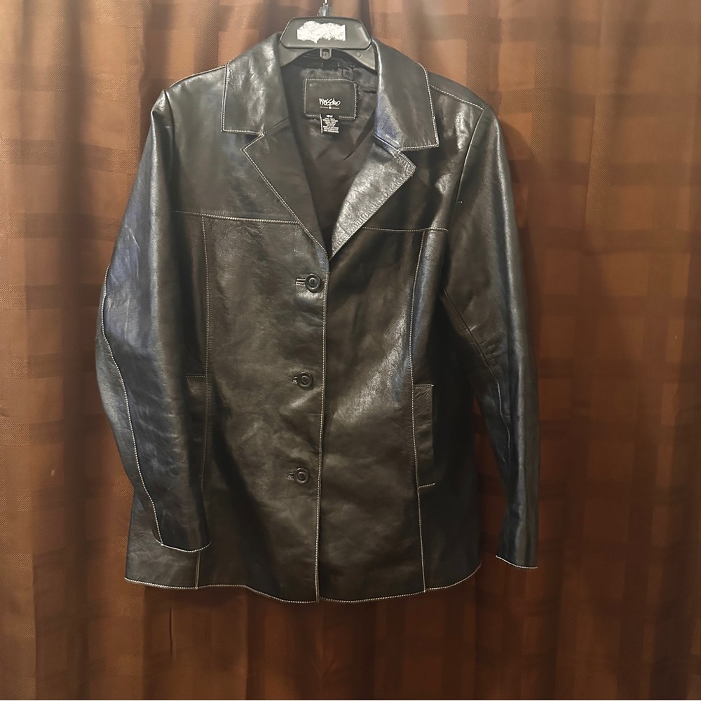 Mossimo Black Leather Coat with White Stitching Y2K